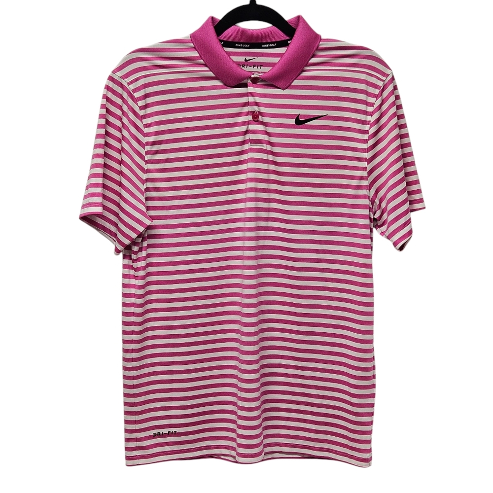 Nike Golf Dri-Fit Men's Small Pink White Stripe Short Sleeve Polo Shirt Swoosh